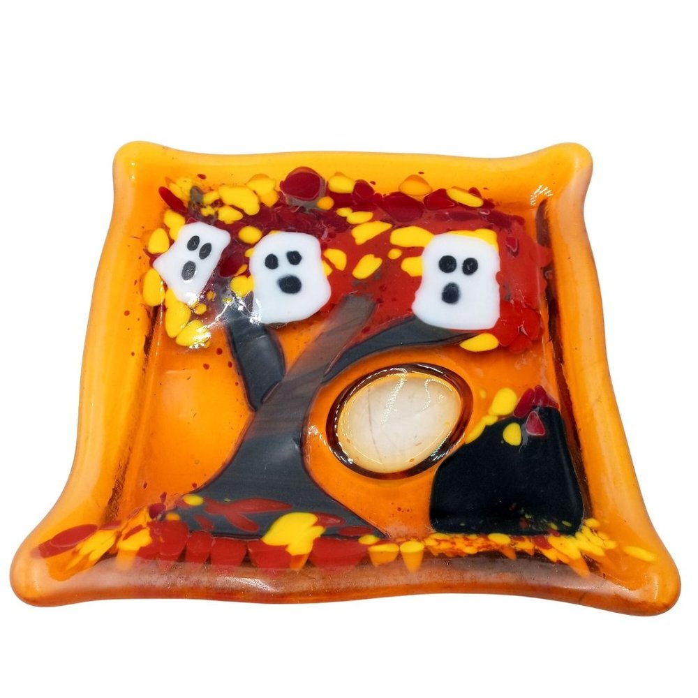Halloween Ghosts Fused Glass Art Candy Dish Tray Autumn Fall Tree OOAK Handmade